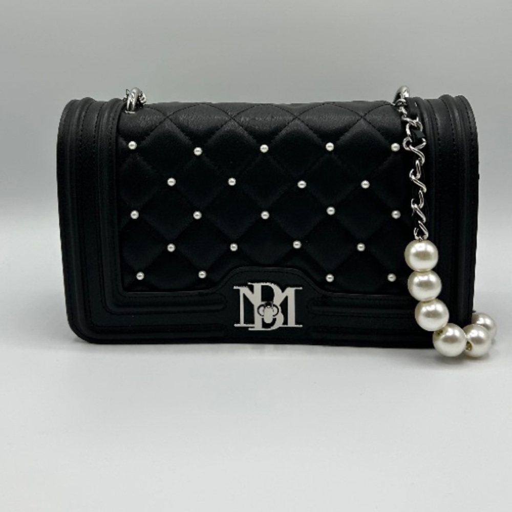 Badgley Mischka Black Quilted Bag with Pearl Chain